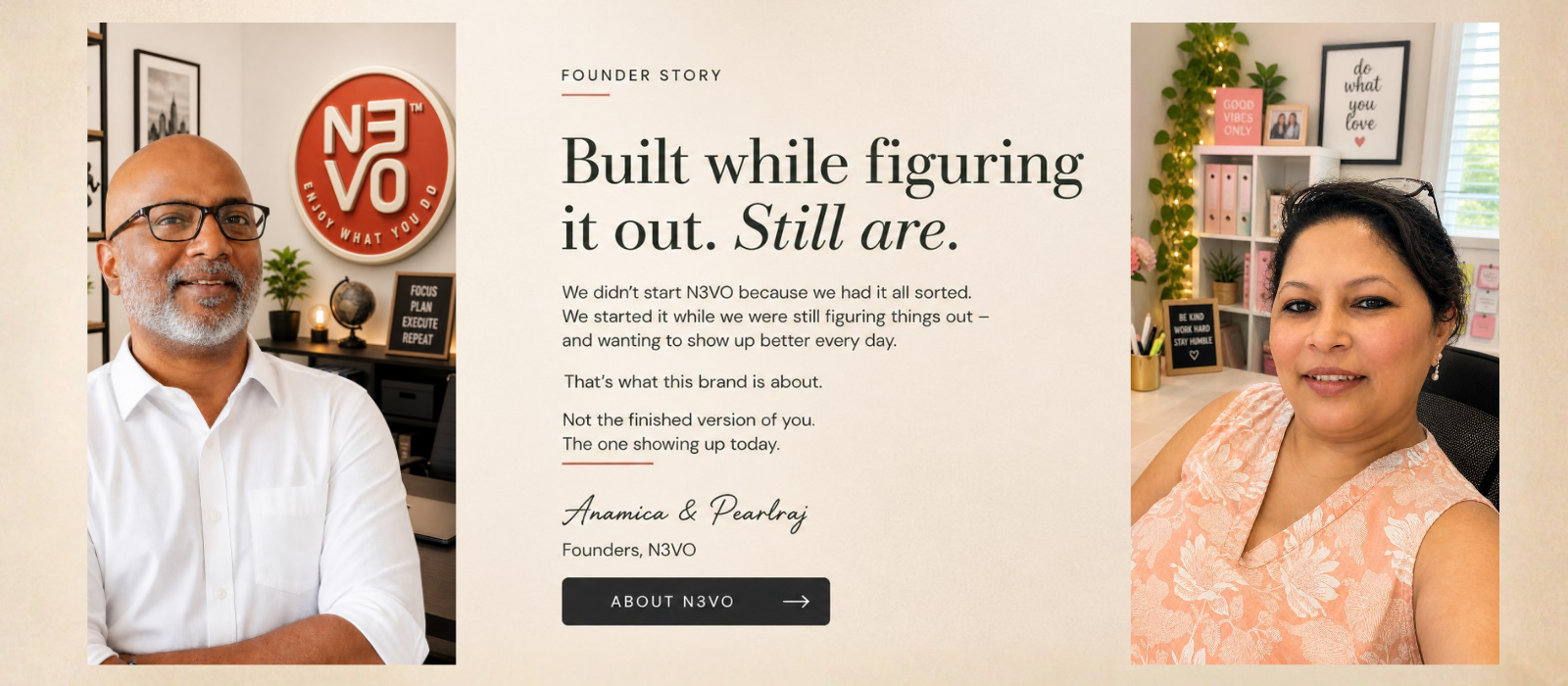 Founders of  NEVO Pearlraj & Anamica Cannivady on a beige background
