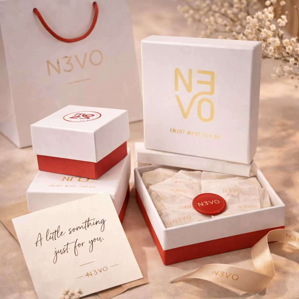 N3VO branded gift box with a card on a wooden surface